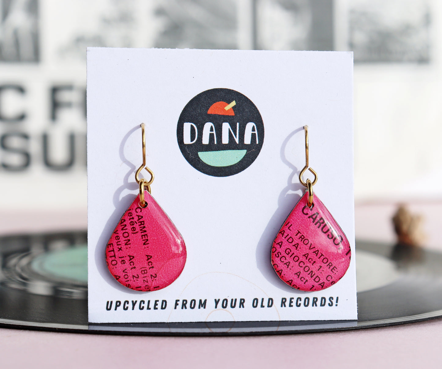 Small repurposed vinyl record teardrop earrings in fab fuchsia pink