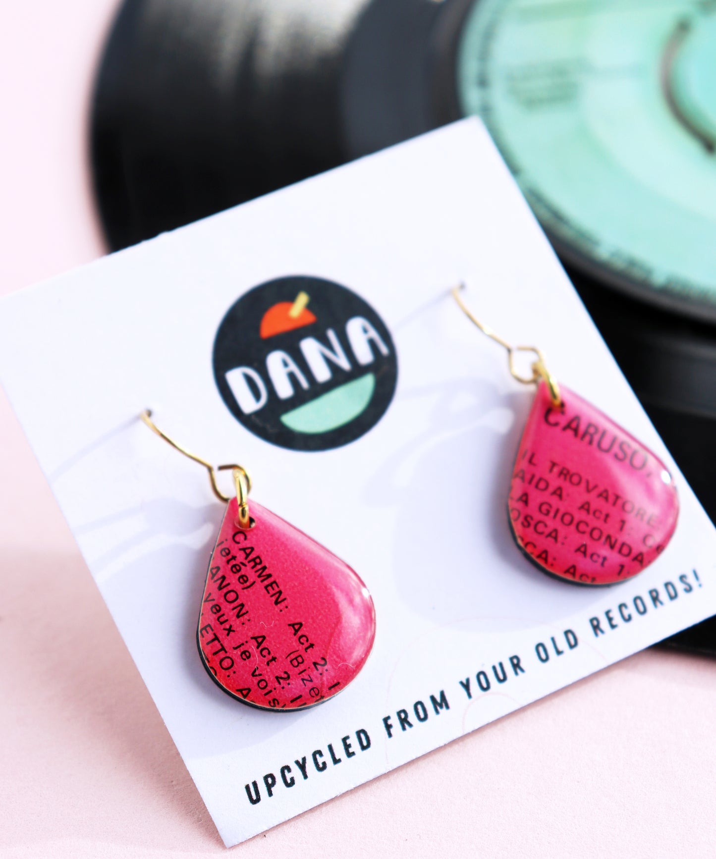 Small repurposed vinyl record teardrop earrings in fab fuchsia pink