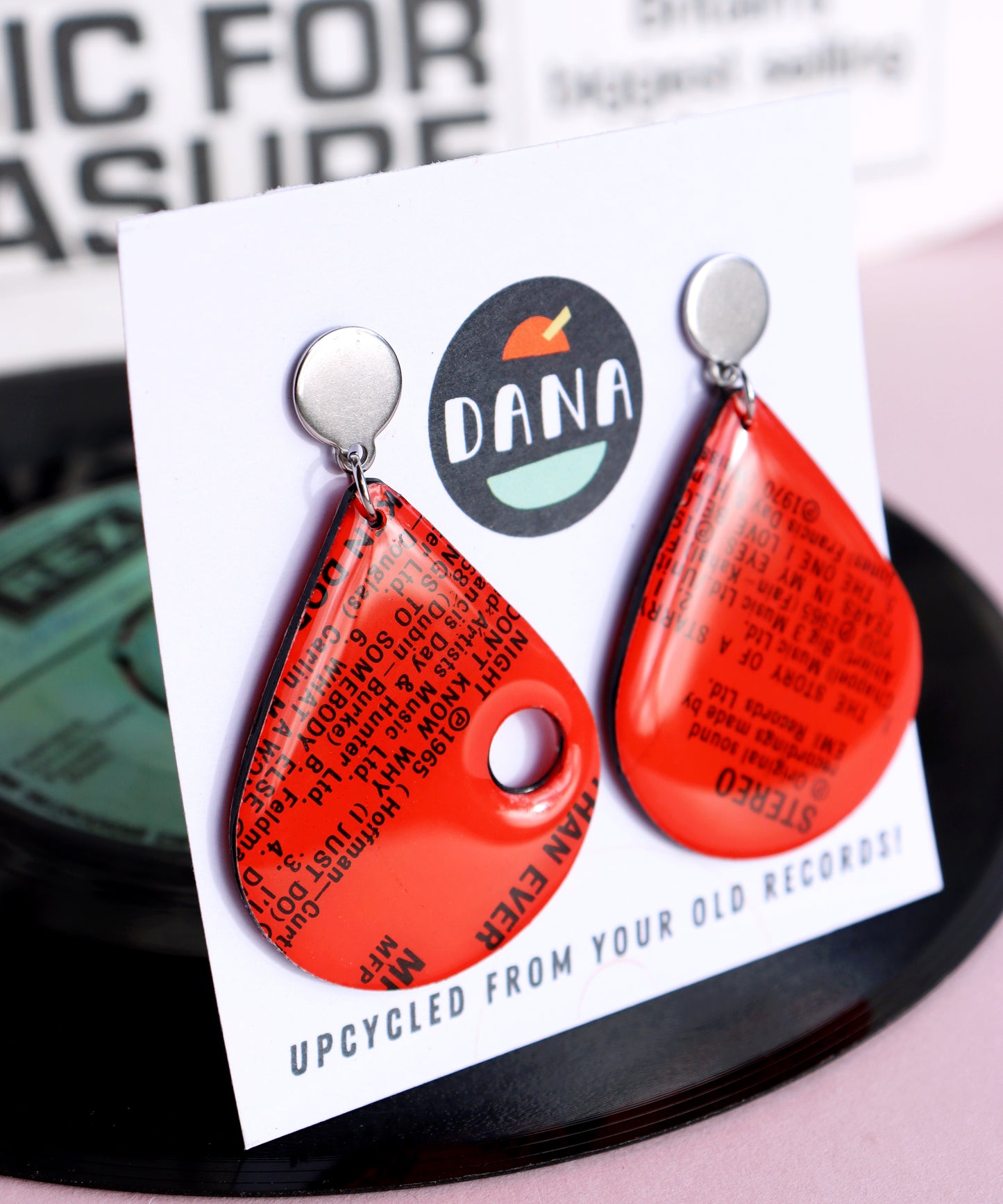 One of a kind red vinyl record earrings full of passion and love and heartache