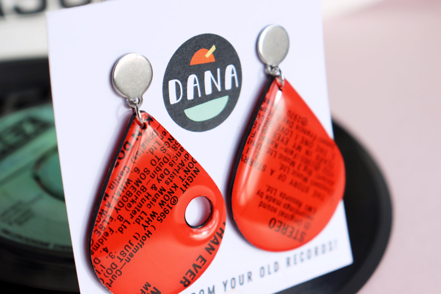 One of a kind red vinyl record earrings full of passion and love and heartache