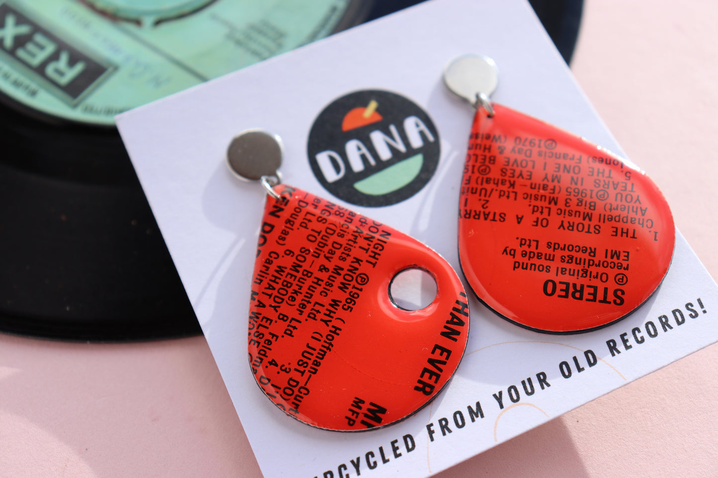 One of a kind red vinyl record earrings full of passion and love and heartache