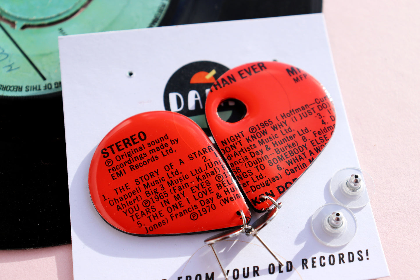 One of a kind red vinyl record earrings full of passion and love and heartache