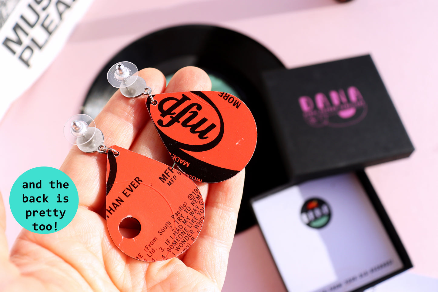 One of a kind red vinyl record earrings full of passion and love and heartache