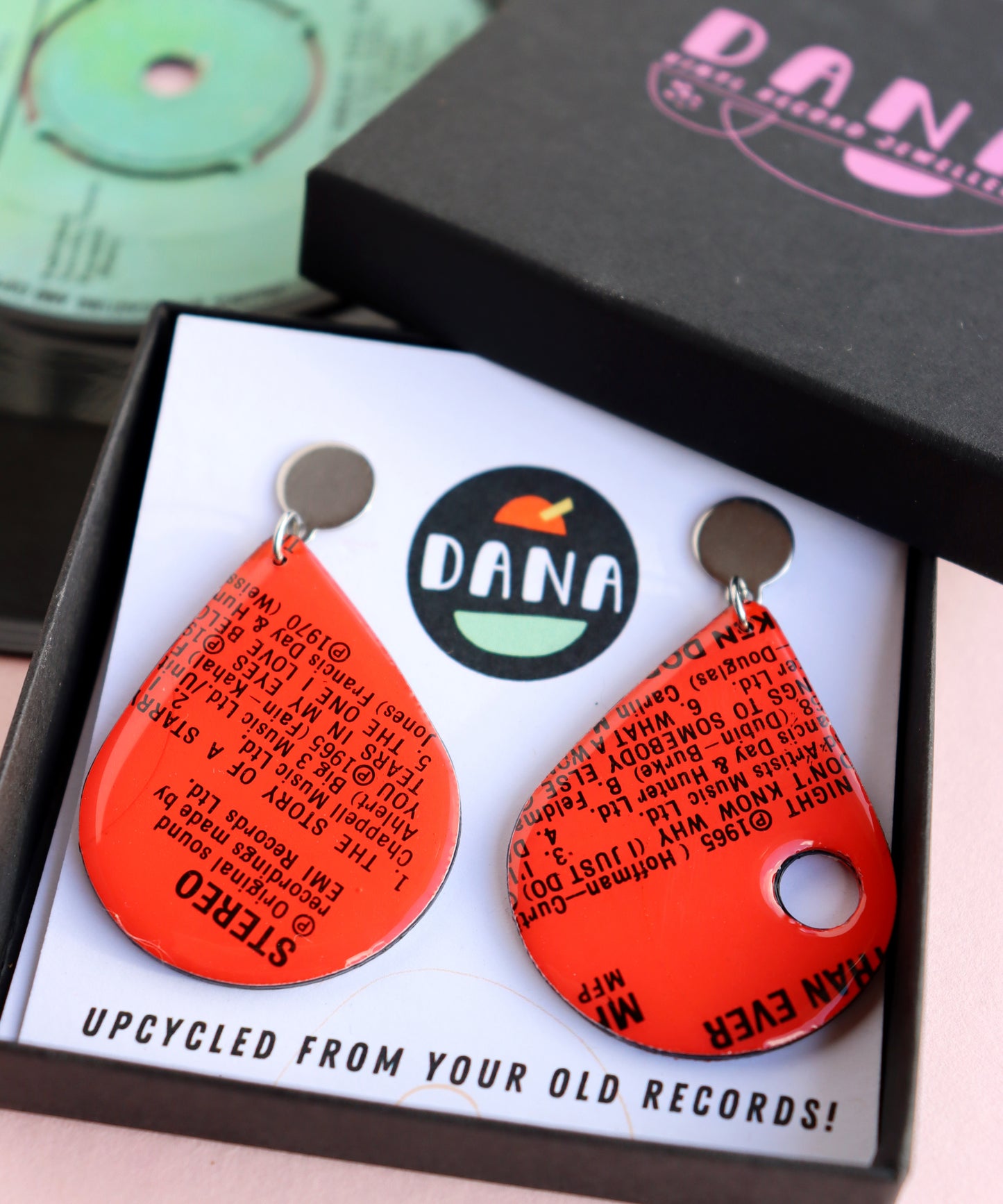 One of a kind red vinyl record earrings full of passion and love and heartache