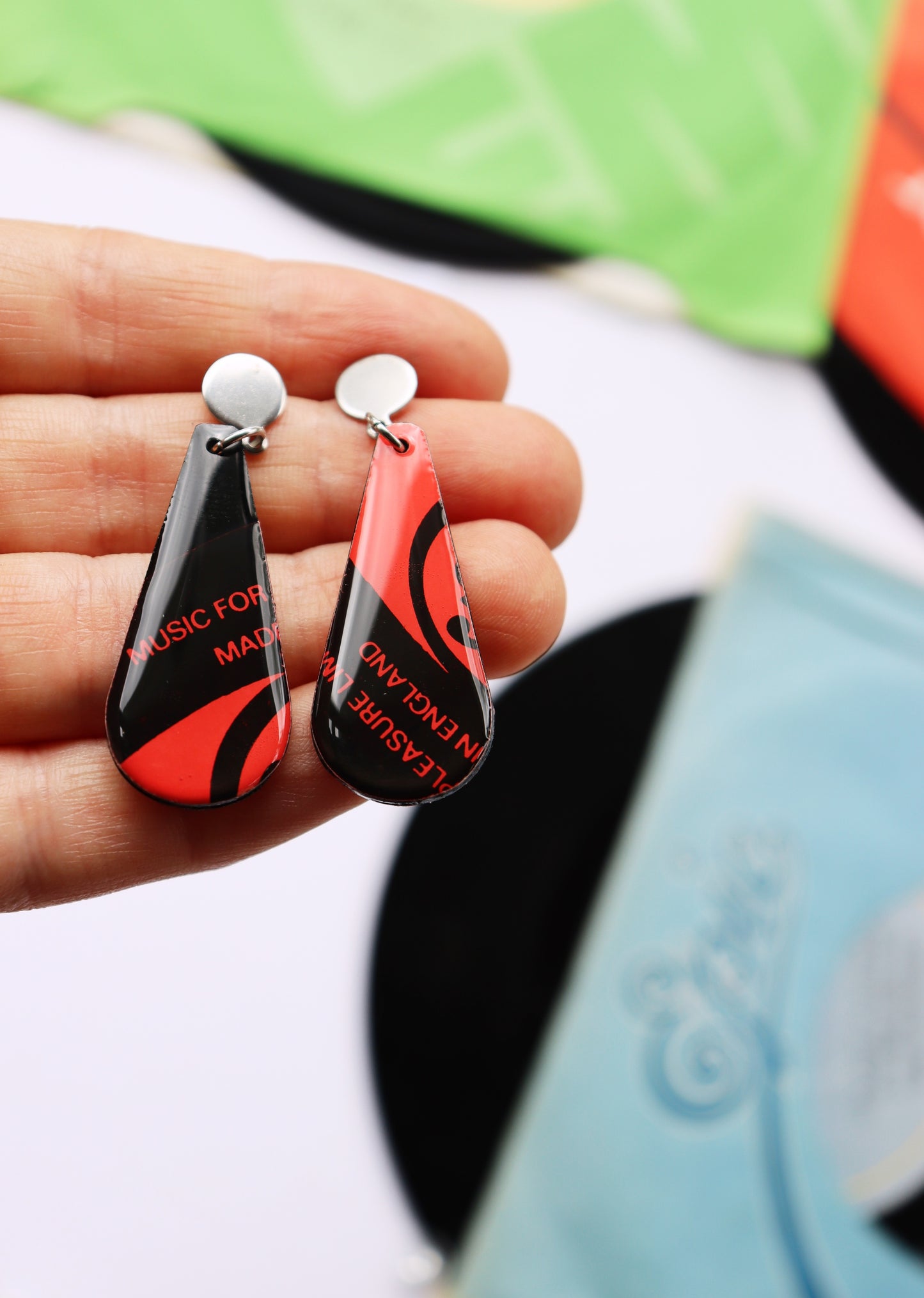 Music for Pleasure / upcycled chic recycled vinyl record earrings in black and red / ONE OF A KIND