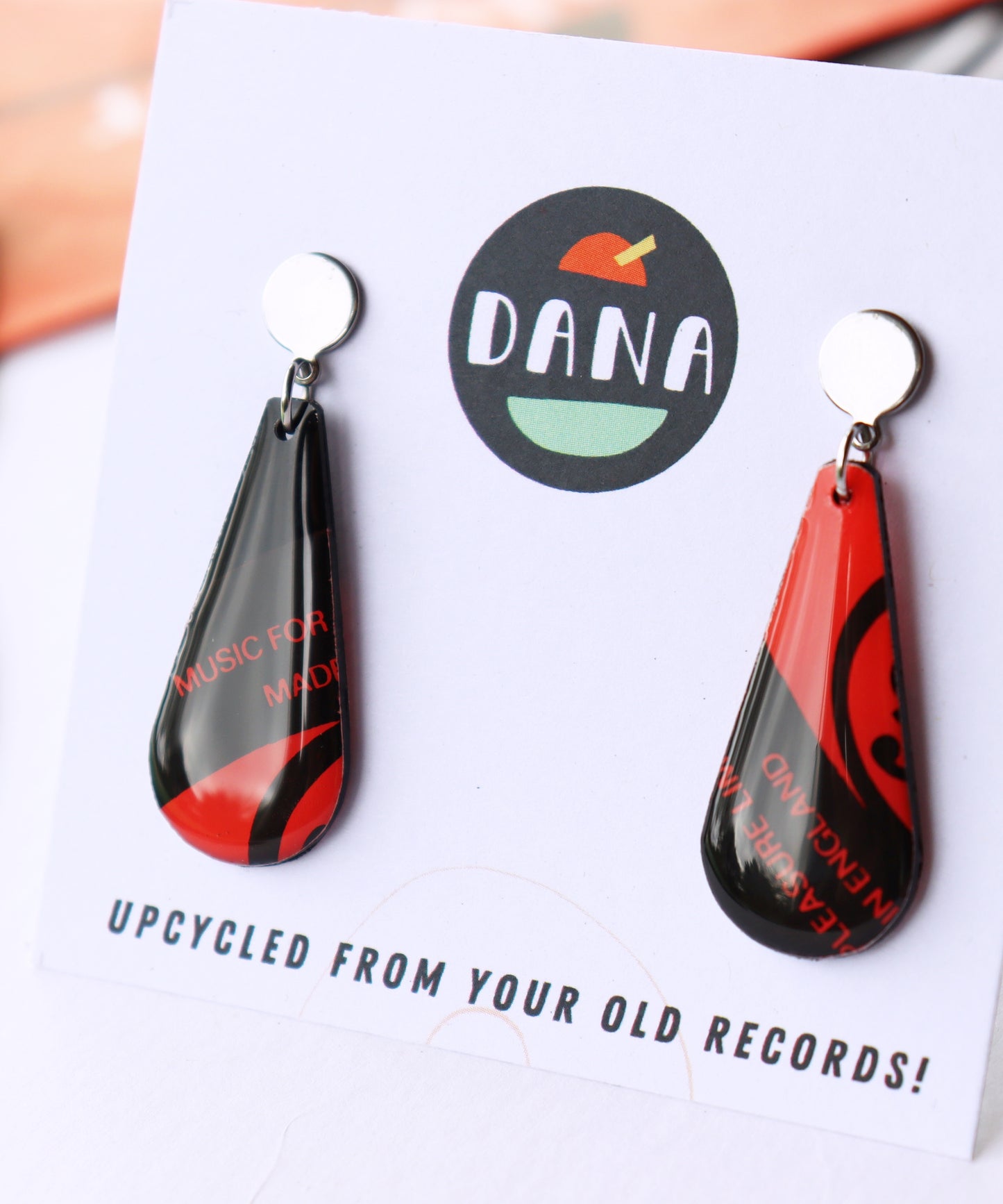 Music for Pleasure / upcycled chic recycled vinyl record earrings in black and red / ONE OF A KIND