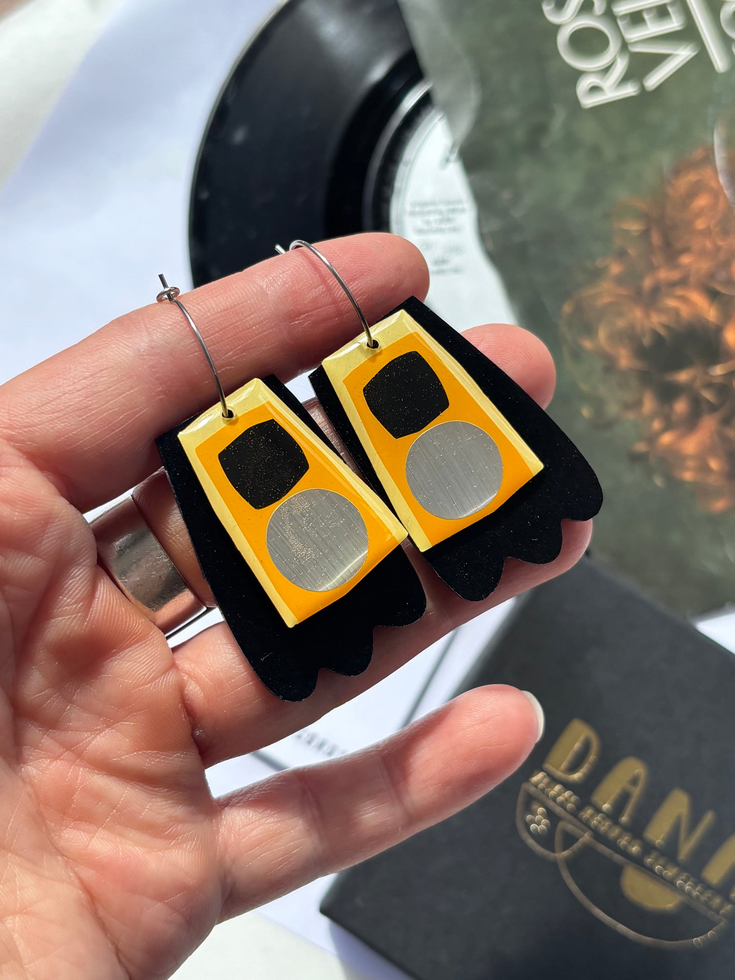 40% OFF Art earrings in black, yellow and silver upcycled from vinyl record