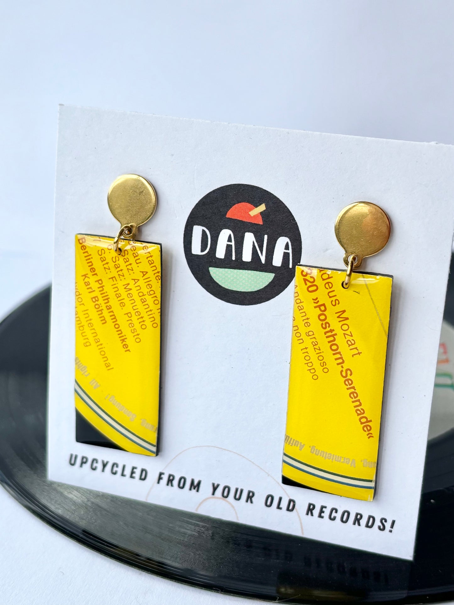 MOZART in bright yellow recycled vinyl record earrings one of a kind