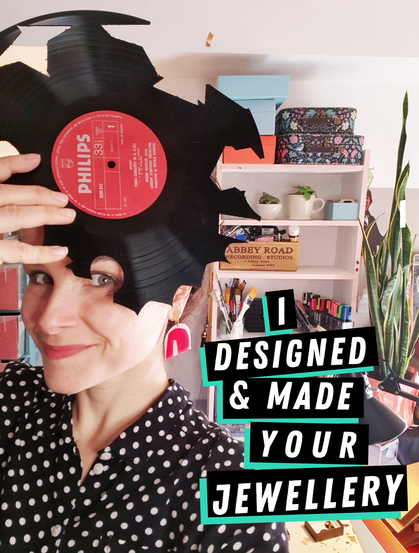 Quirky upcycled art earrings made from reclaimed vinyl records