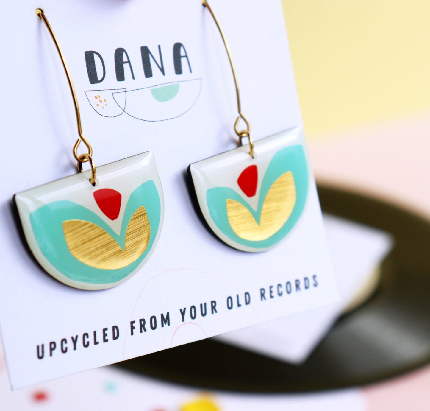 FLOR earrings in turquoise & gold with a pop of red / upcycled from your old records
