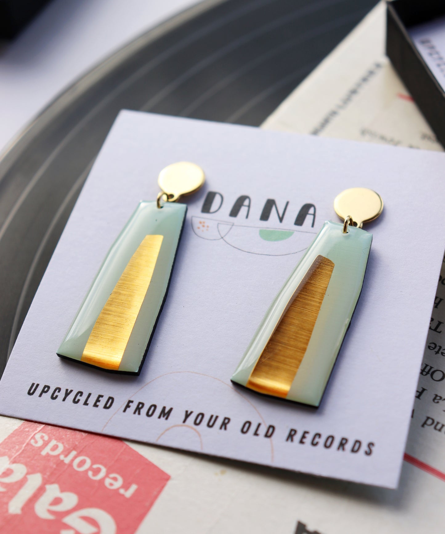 ELLA in minty aqua and GOLD / vinyl record earrings