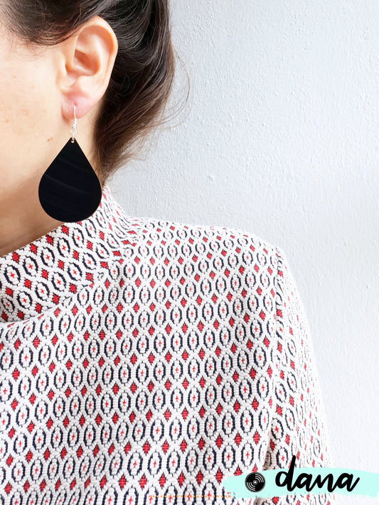 Big bold black teardrop vinyl record earrings by Dana Jewellery