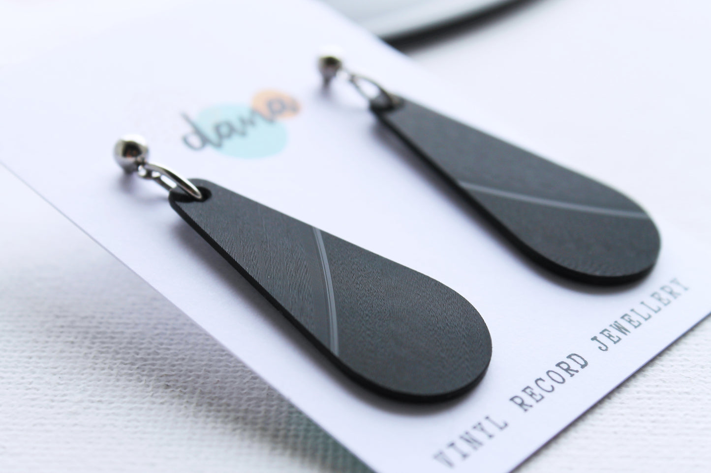 minimal long teardrop black vinyl record earrings / ethical fashion