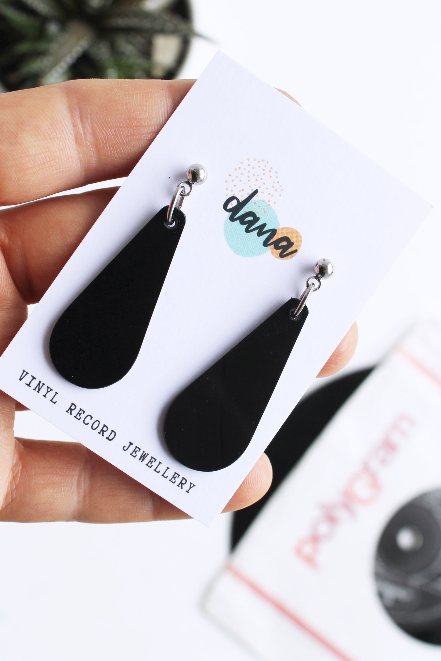 minimal long teardrop black vinyl record earrings / ethical fashion