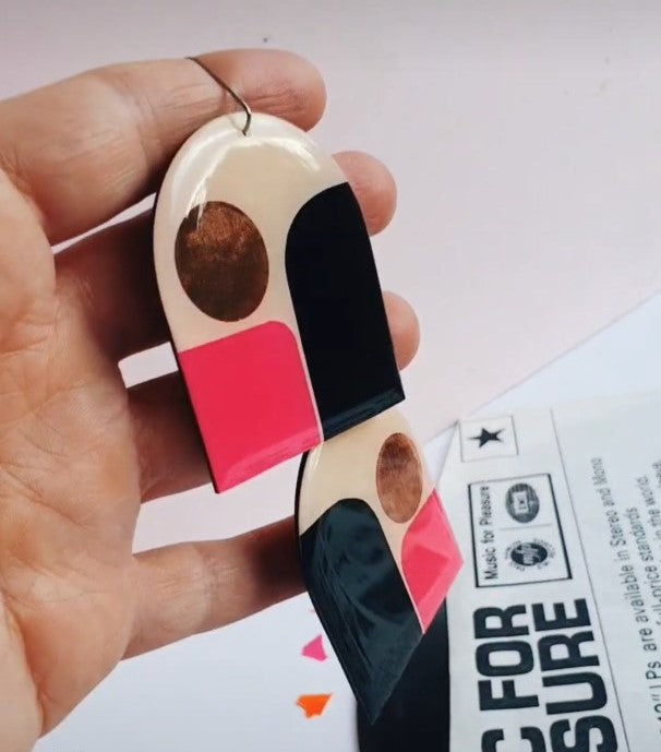 LAST PAIR large statement graphic upcycled earrings in pink, black and copper