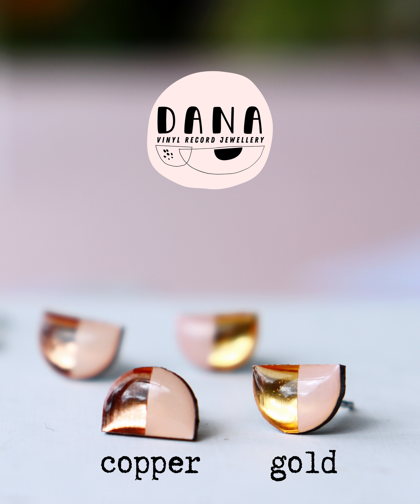 pink half moons - gold or copper / upcycled vinyl record studs