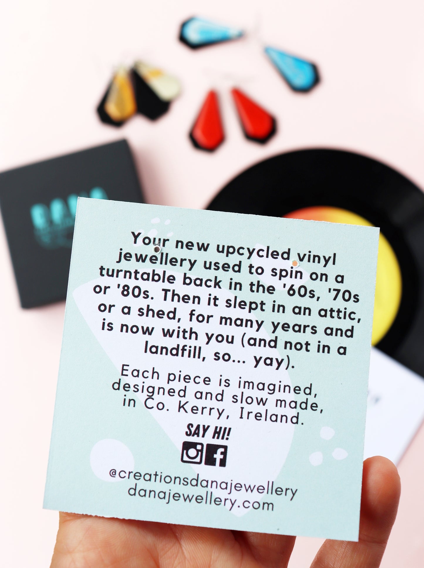 Elegant upcycled black vinyl record earrings with a subtle hint of silvery grey label / ONE OF A KIND