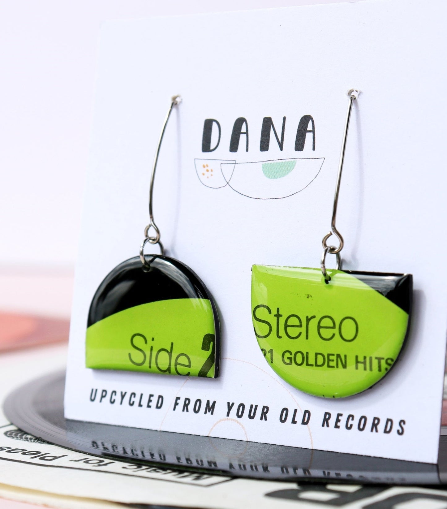 SIDE 2 STEREO / bold upcycled vinyl record earrings in lush lime green / Paul Anka