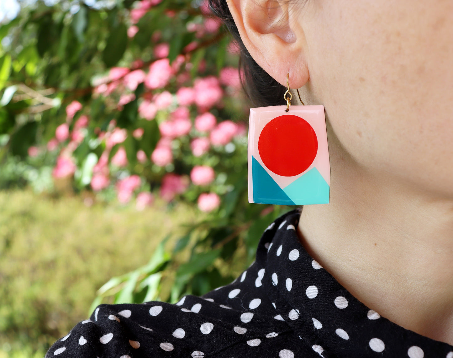 IRIS Contemporary statement earrings in red, teal and turquoise / upcycled vinyl record