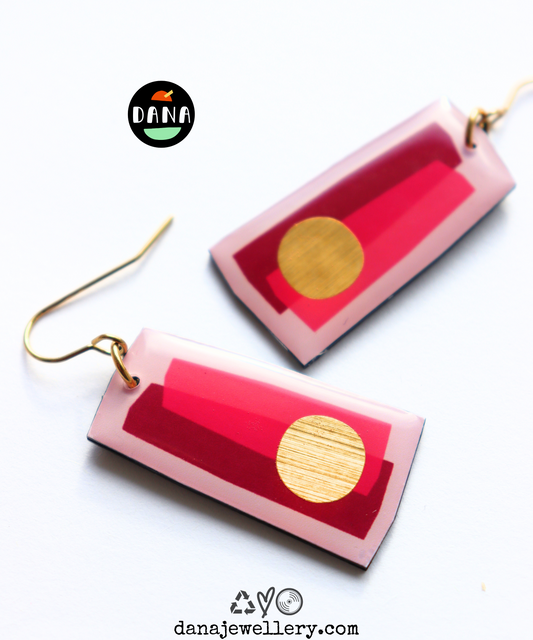 In shades of fuchsia and pink with a pop of gold / recycled vinyl earrings