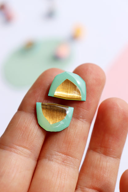 Mint and gold geometric studs handmade in Ireland from recycled vinyl records