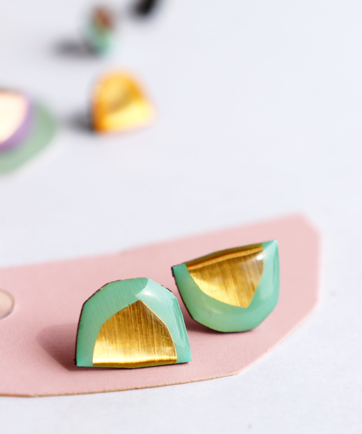 Mint and gold geometric studs handmade in Ireland from recycled vinyl records
