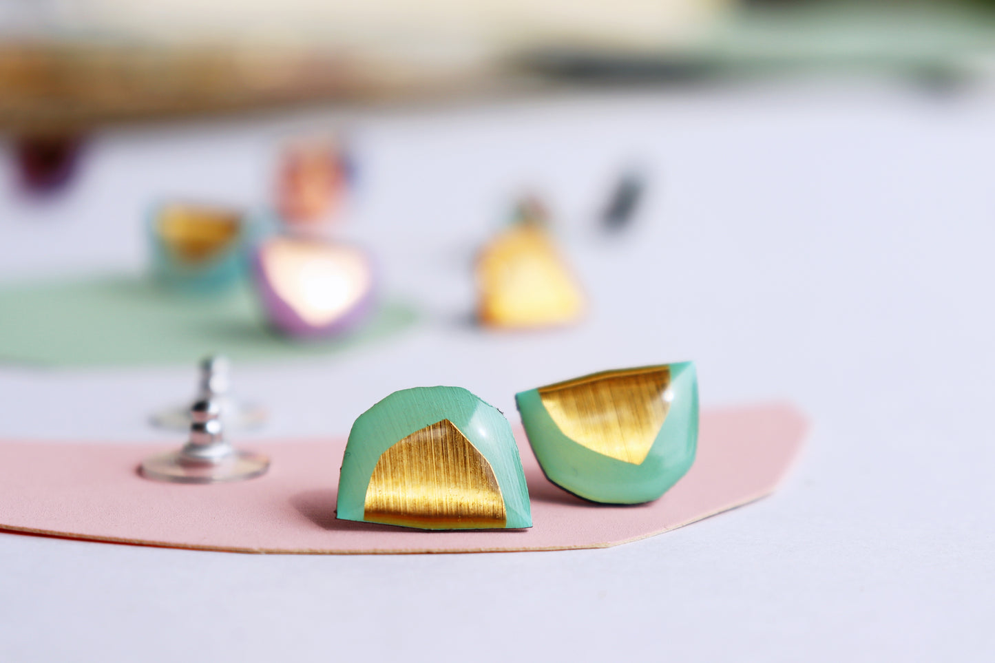 Mint and gold geometric studs handmade in Ireland from recycled vinyl records