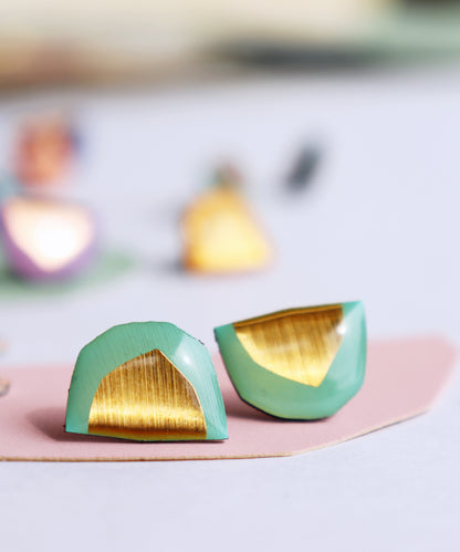 Mint and gold geometric studs handmade in Ireland from recycled vinyl records