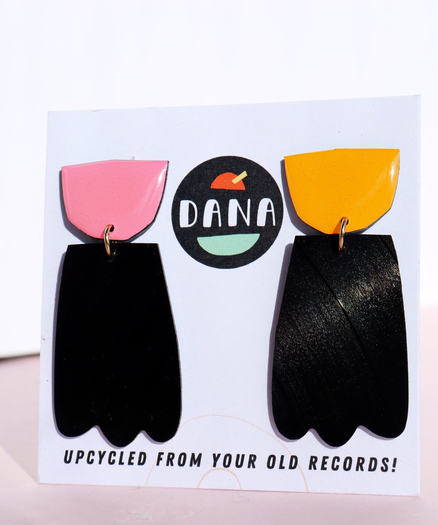 Quirky upcycled art earrings made from reclaimed vinyl records
