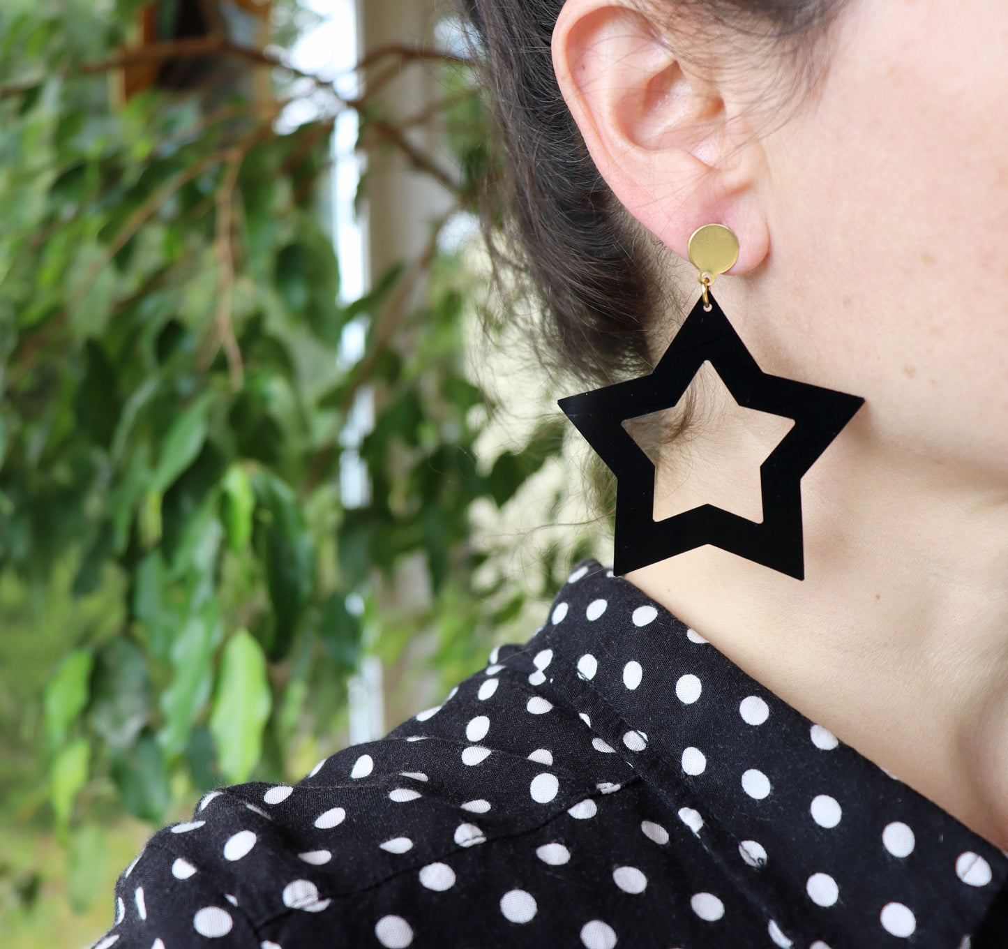 Large black vinyl record star earrings - silver or gold colour studs