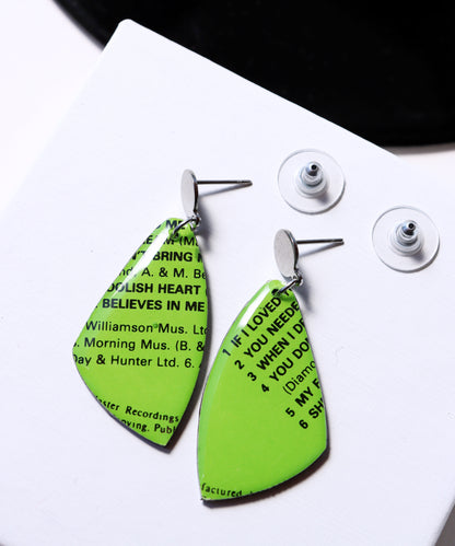 My Foolish Heart / bright lime green one of a kind recycled vinyl record earrings