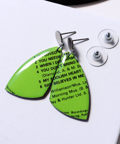 My Foolish Heart / bright lime green one of a kind recycled vinyl record earrings