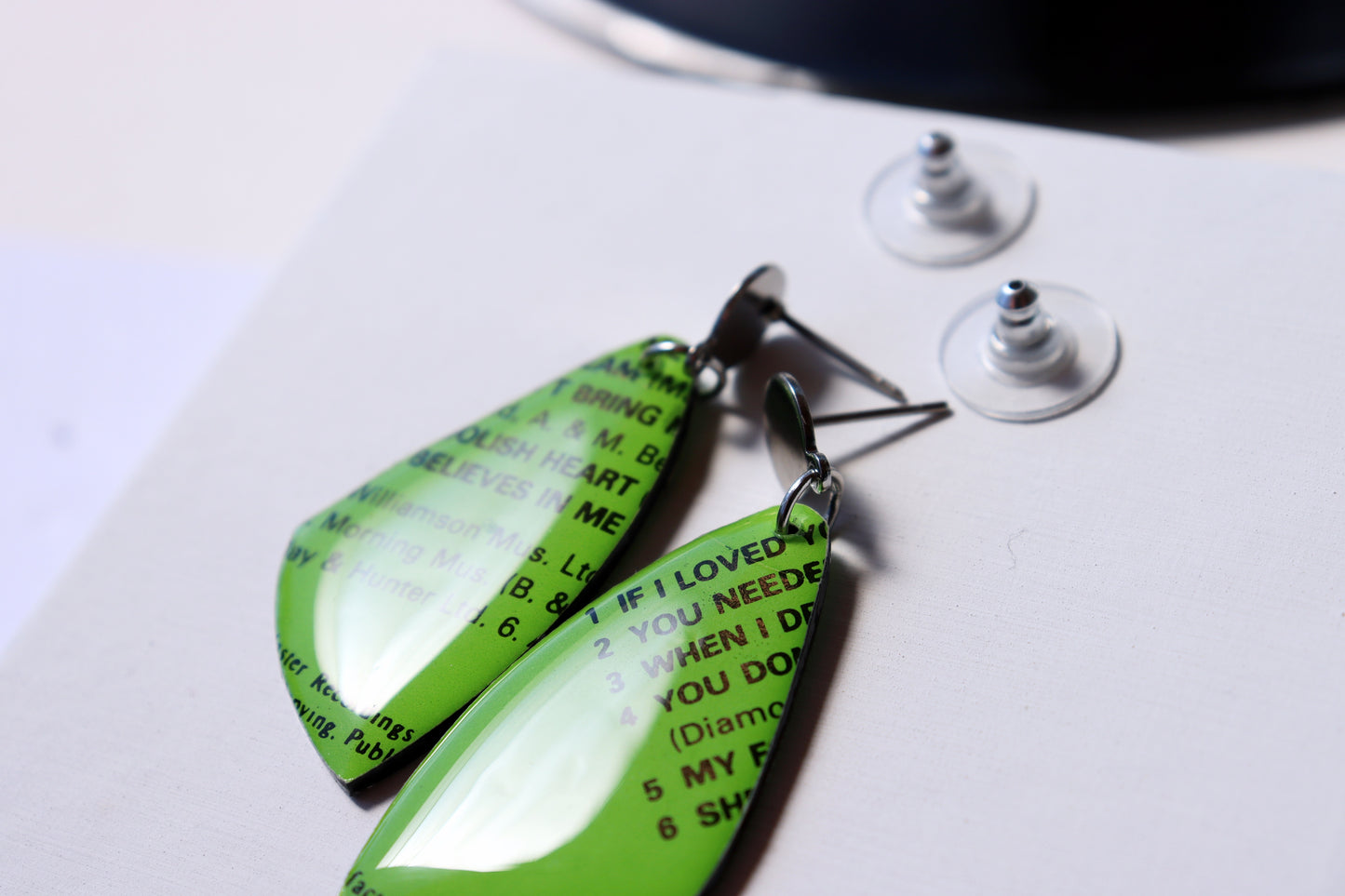 My Foolish Heart / bright lime green one of a kind recycled vinyl record earrings