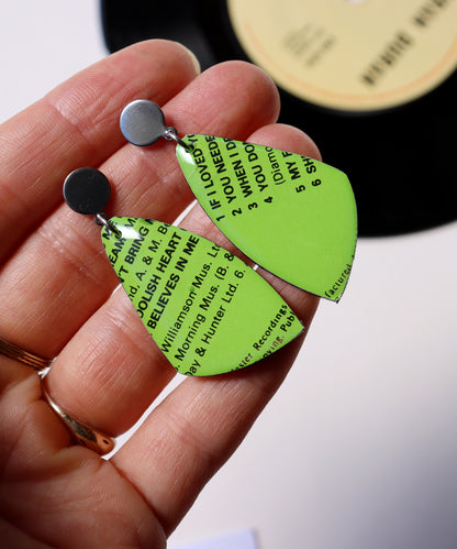 My Foolish Heart / bright lime green one of a kind recycled vinyl record earrings