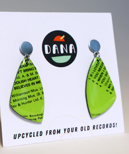 My Foolish Heart / bright lime green one of a kind recycled vinyl record earrings