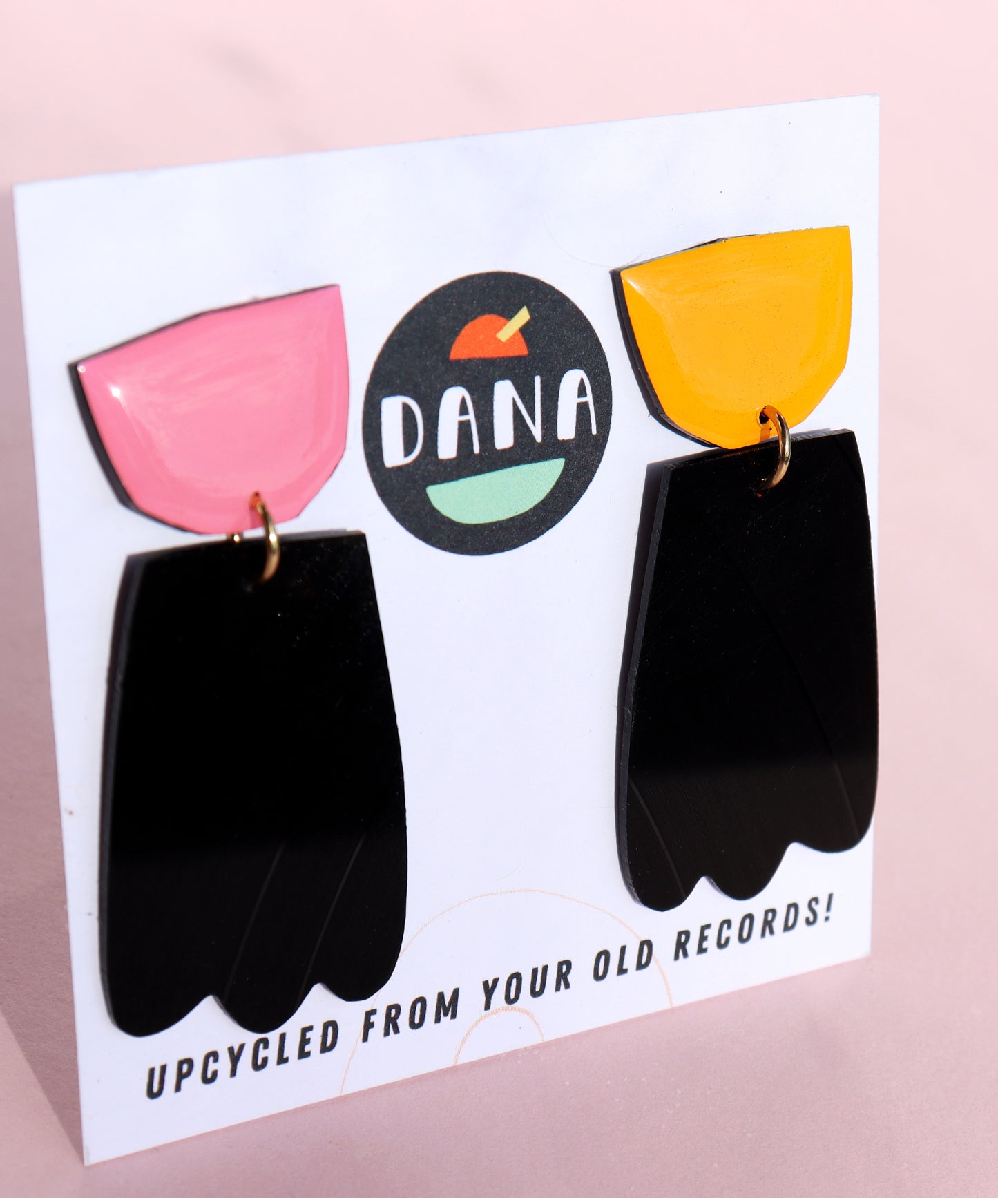 Quirky upcycled art earrings made from reclaimed vinyl records