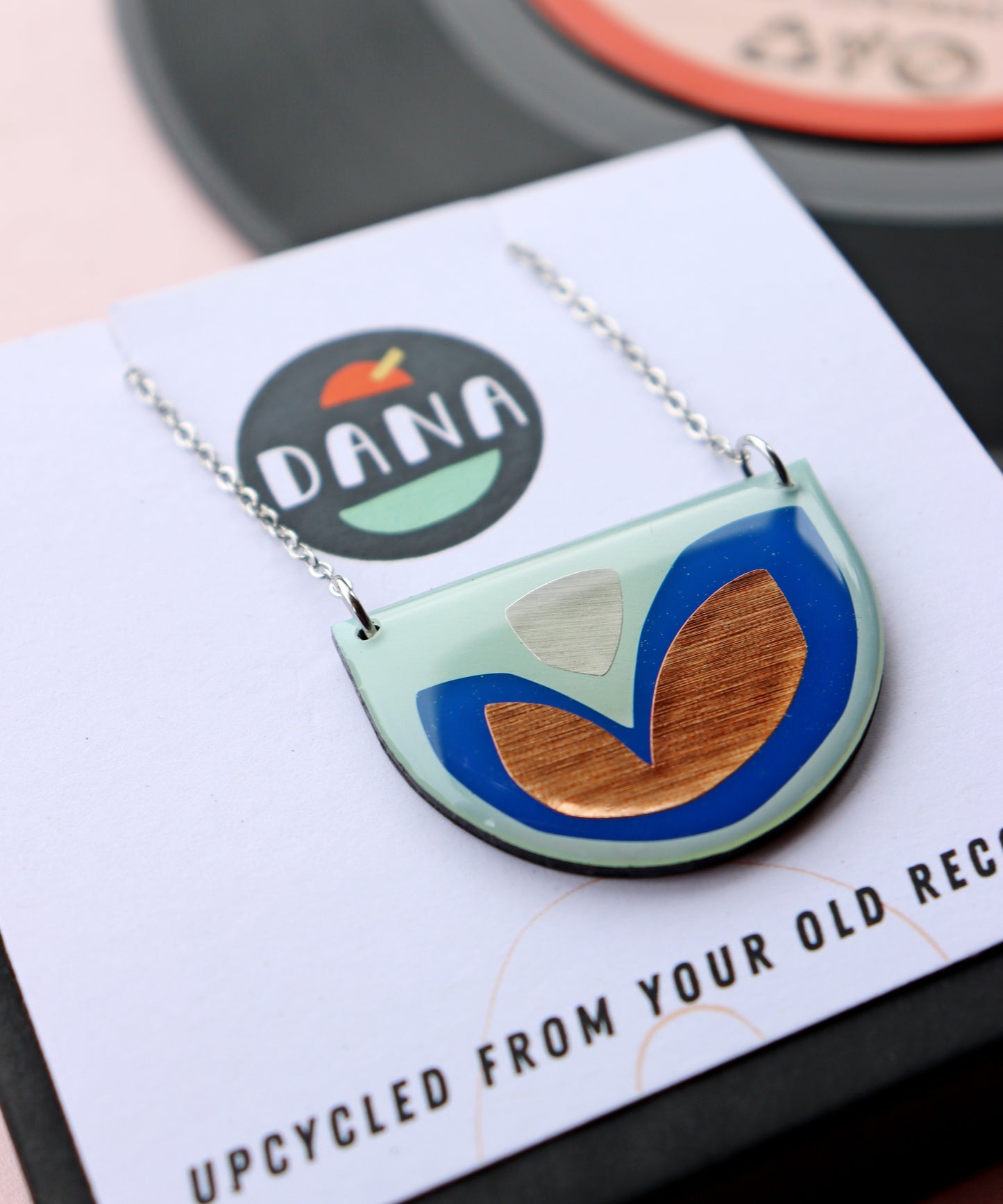 30% OFF / FLOR upcycled vinyl record necklace in blue, copper and silver