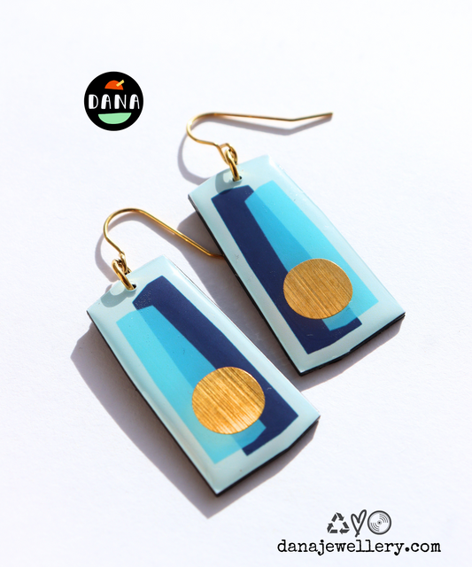In shades of blue and a pop of gold / recycled vinyl earrings
