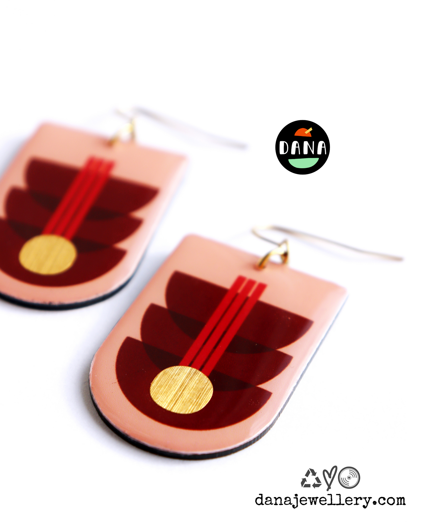 Contemporary graphic art earrings in deep red & warm pink / Irish design