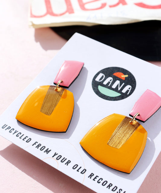 BETTY no.1 in yellow, pink & gold / recycled vinyl record earrings