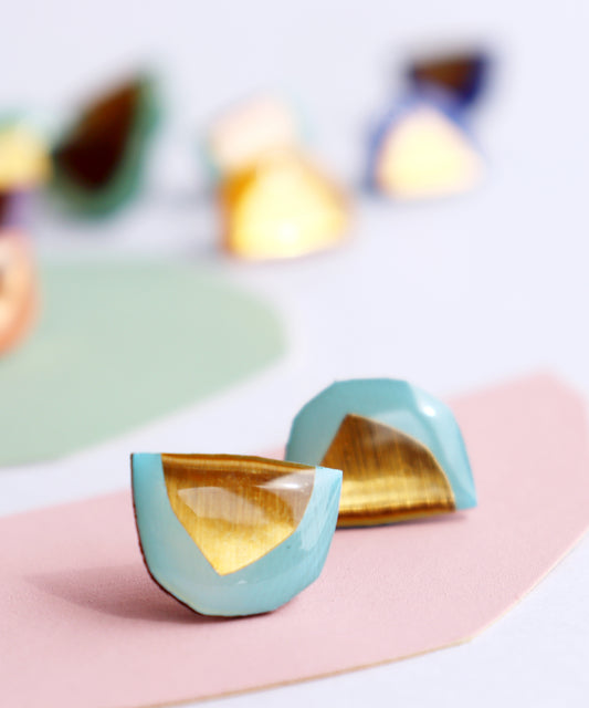 eco chic resin stud earrings in light blue and gold / upcycled vinyl record