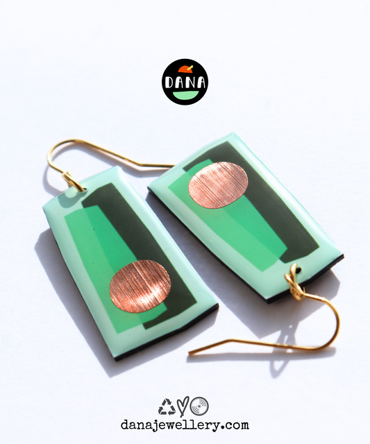 In shades of green with a pop of copper / recycled vinyl earrings