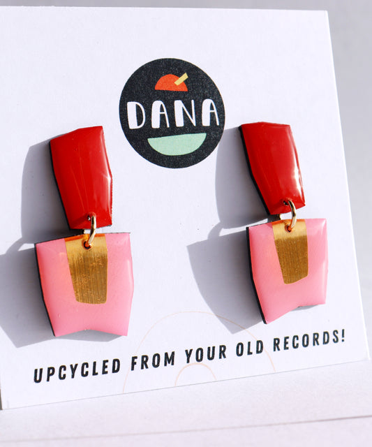 Connie no.2 / Contemporary upcycled vinyl earrings in vibrant red, candy pink and lush gold