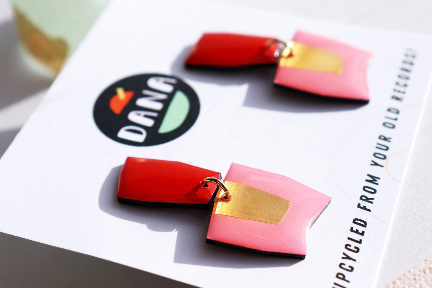Connie no.2 / Contemporary upcycled vinyl earrings in vibrant red, candy pink and lush gold
