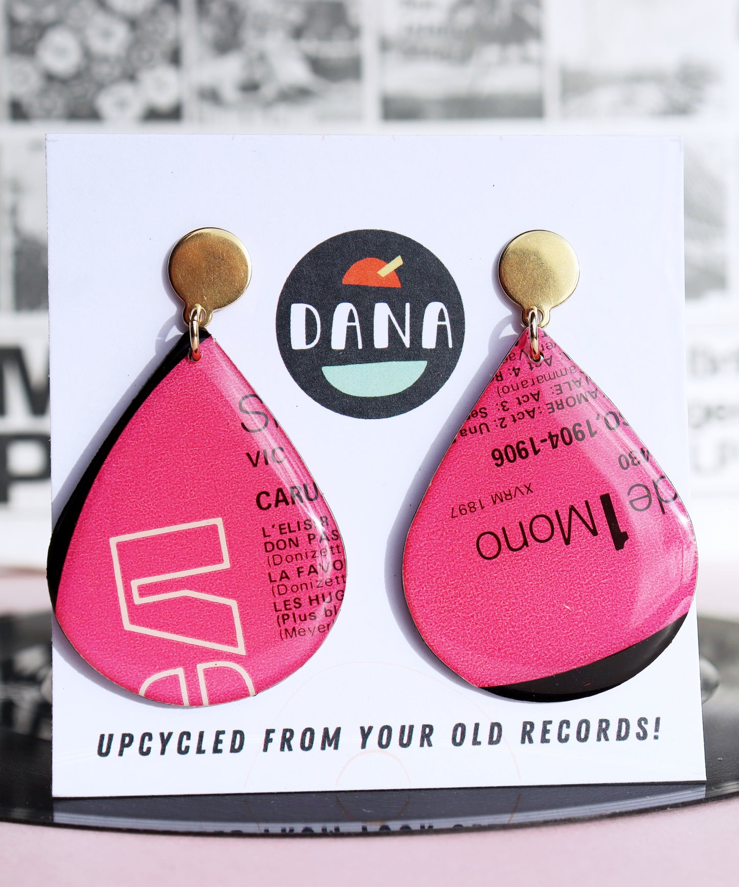 Pinkalicious bold teardrop upcycled vinyl record earrings - unique Irish jewellery