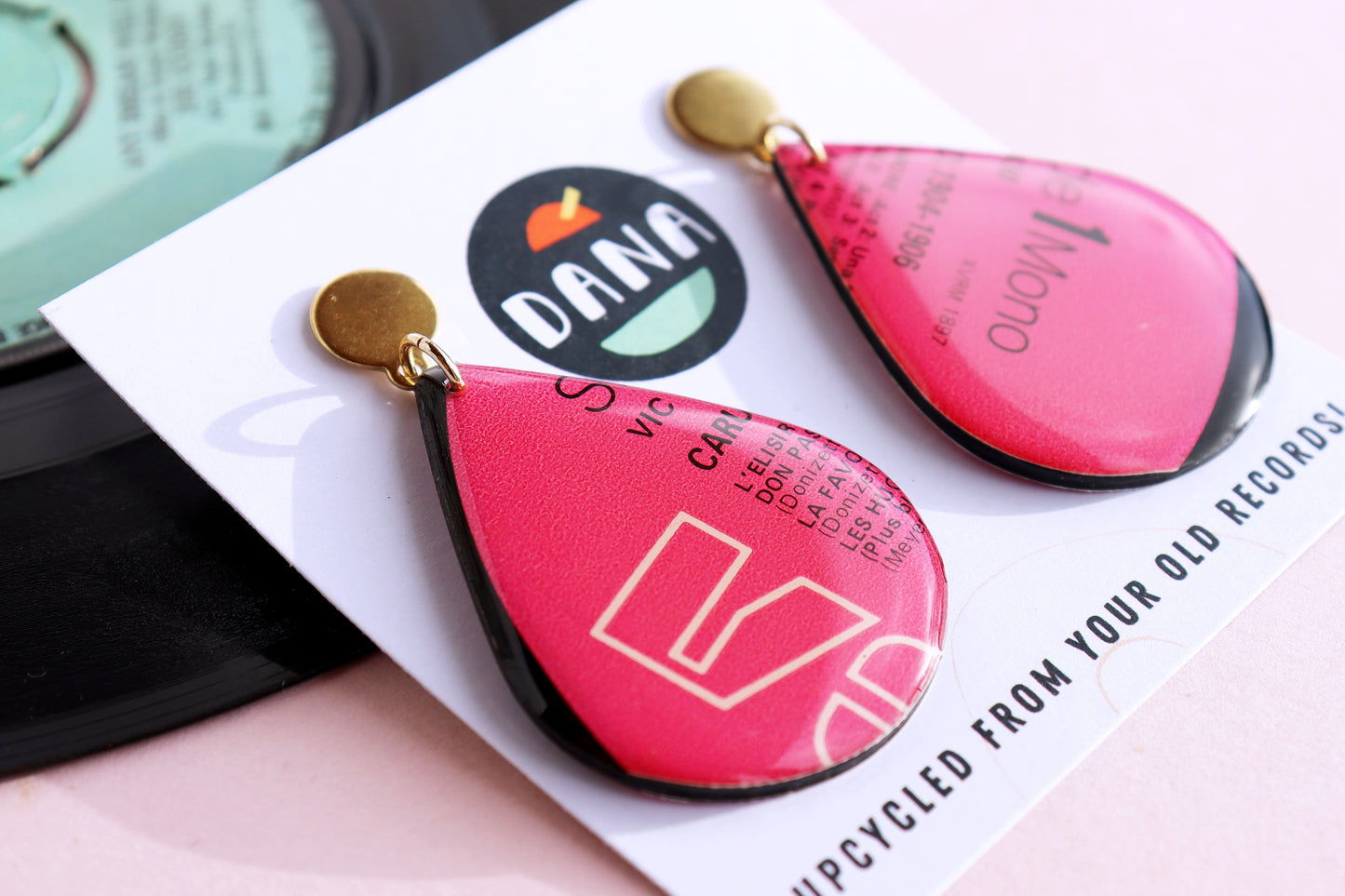 Pinkalicious bold teardrop upcycled vinyl record earrings - unique Irish jewellery