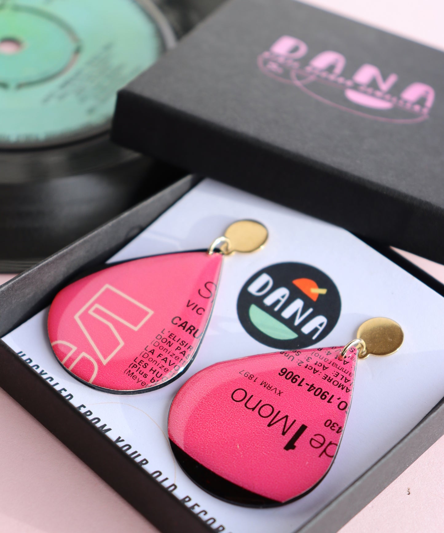 Pinkalicious bold teardrop upcycled vinyl record earrings - unique Irish jewellery