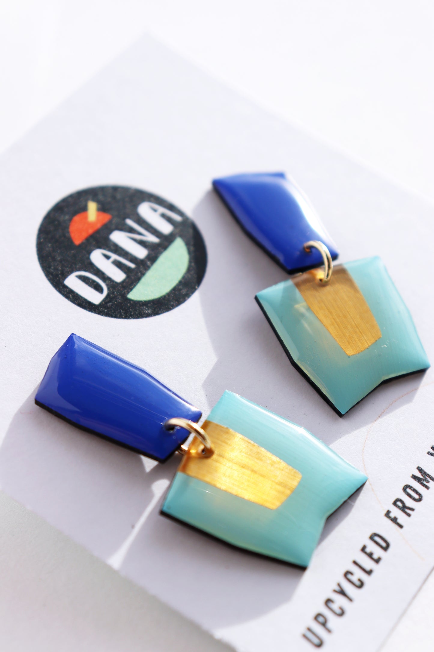 Connie no.2 / Festive contemporary earrings in blue with lush pops of gold
