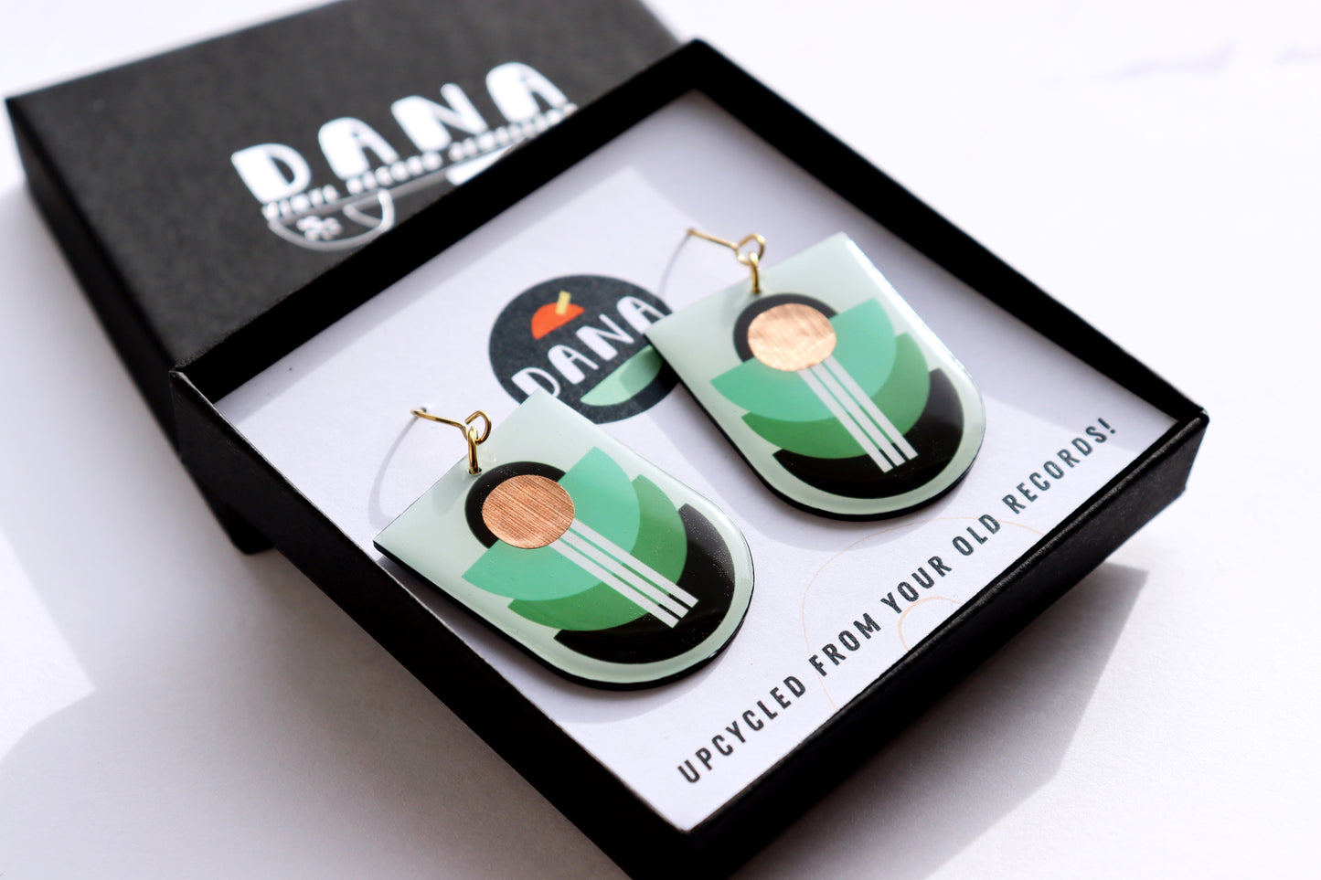 Modern upcycled vinyl earrings in shades of green / Irish made (C1)