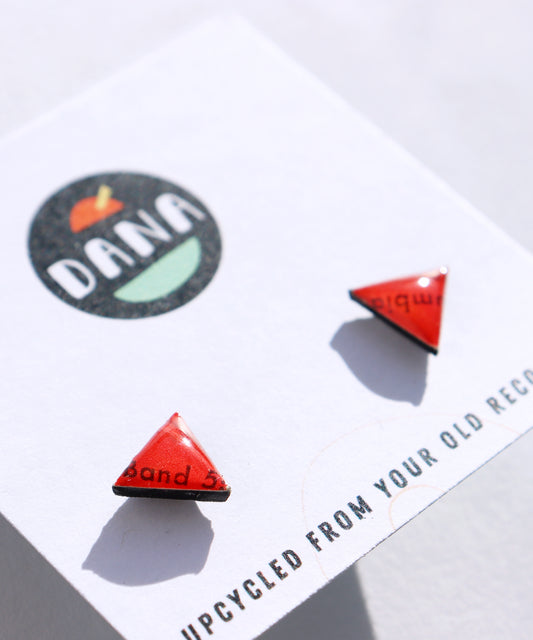 10% OFF / bright red cute triangle studs upcycled from a vinyl record label